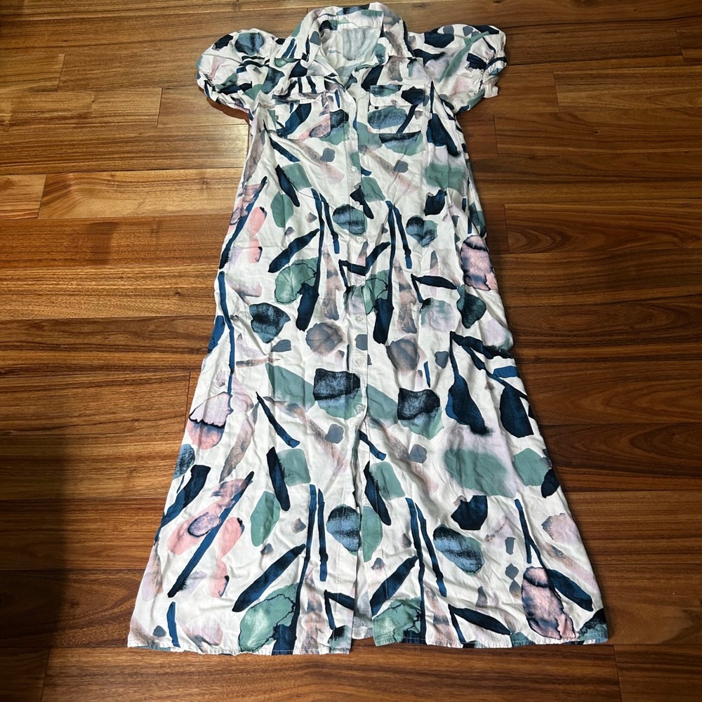 Vestique Maxi Shirt Dress Abstract Print button down Short Sleeve Casual Dress